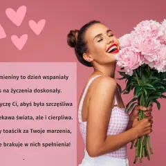 Uśmiechnięta kobieta z bukietem różowych piwonii na tle różowych serc.