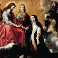 Obraz przedstawia scenę religijną z Jezusem, Maryją i świętymi na tle chmur.