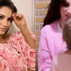 Sylwia Grzeszczak w sukni z różowych kwiatów i jej córka Bogna.