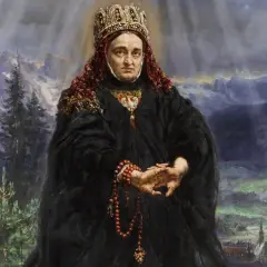 Portret kobiety w koronie i czarnej szacie, z różańcem w dłoniach, na tle górskiego krajobrazu.