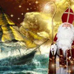 Święty Mikołaj z pastorałem i księgą na tle sztormowego żaglowca.