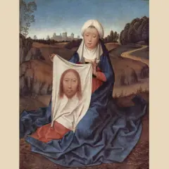 Święta Weronika trzyma chustę z obliczem Jezusa na tle krajobrazu.