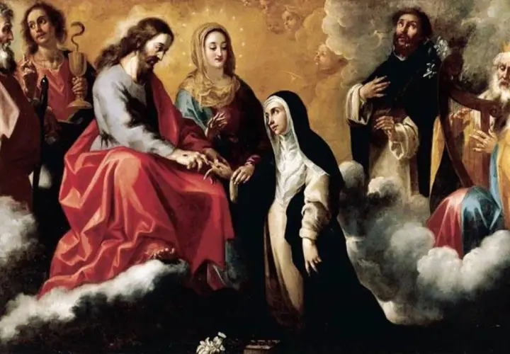Obraz przedstawia scenę religijną z Jezusem, Maryją i świętymi na tle chmur.