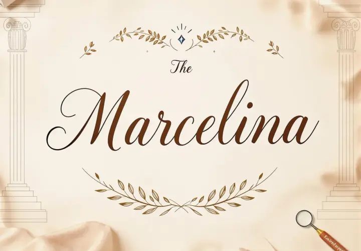 Elegancka grafika z napisem "The Marcelina", ozdobiona gałązkami i kolumnami.