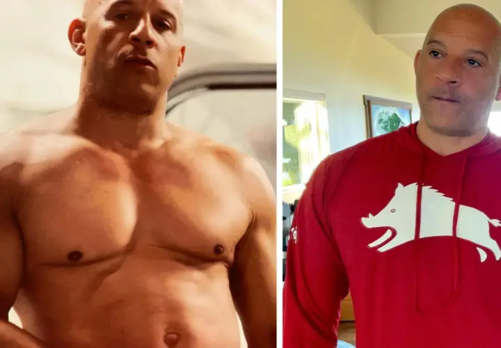 Vin Diesel w dwóch ujęciach: bez koszulki pokazujący tors i w czerwonej bluzie z białym dzikiem.