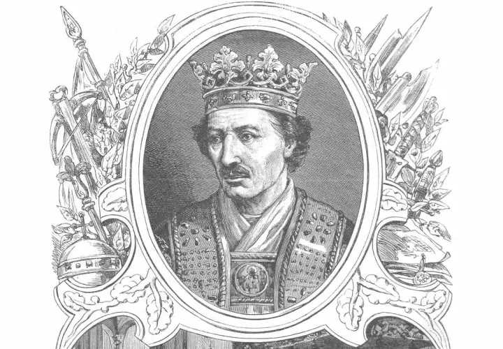 Portret króla Kazimierza w koronie i stroju ceremonialnym, otoczony ornamentami i symbolami władzy.