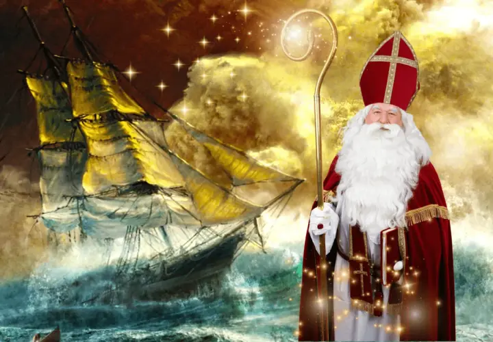 Święty Mikołaj z pastorałem i księgą na tle sztormowego żaglowca.