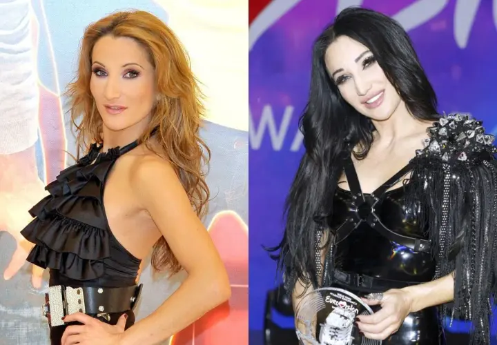 Justyna Steczkowska w dwóch stylizacjach: z rudymi i czarnymi włosami.