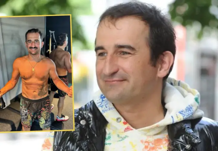 Michał Koterski w siłowni i na zewnątrz.