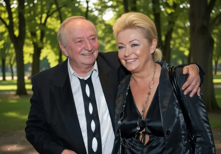 Uśmiechnięta para w eleganckich strojach na tle parku.