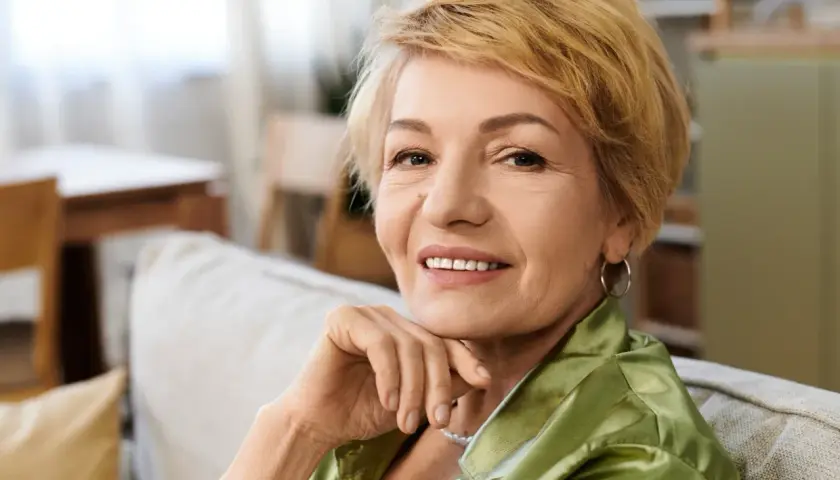 Uśmiechnięta starsza kobieta z blond włosami siedzi na kanapie, opierając podbródek na dłoni.