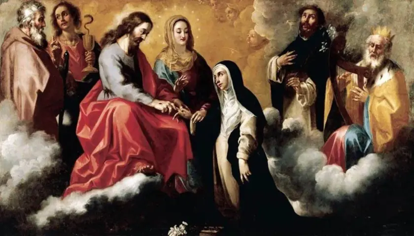 Obraz przedstawia scenę religijną z Jezusem, Maryją i świętymi na tle chmur.