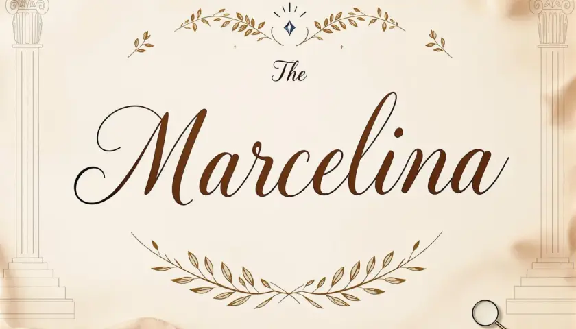 Elegancka grafika z napisem "The Marcelina", ozdobiona gałązkami i kolumnami.