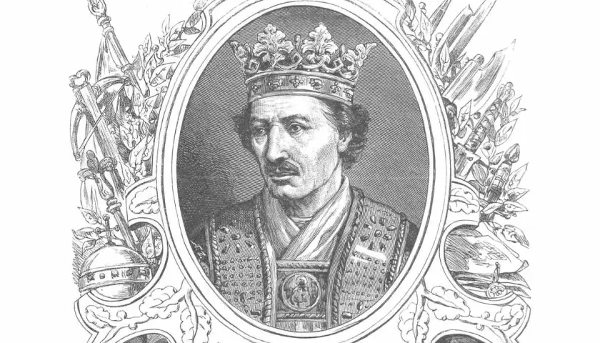 Portret króla Kazimierza w koronie i stroju ceremonialnym, otoczony ornamentami i symbolami władzy.