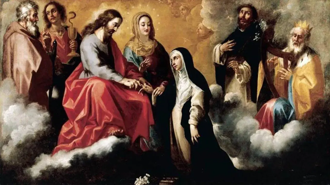 Obraz przedstawia scenę religijną z Jezusem, Maryją i świętymi na tle chmur.
