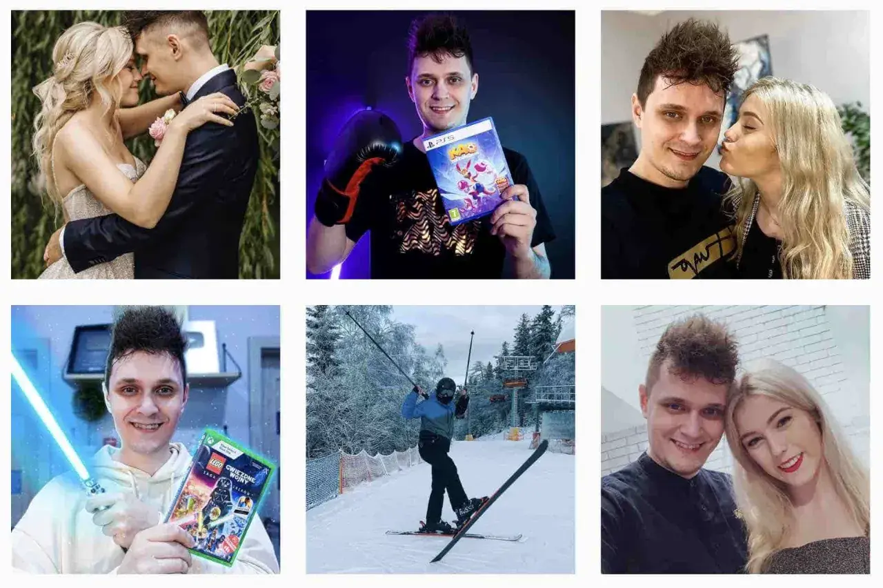 Adam Witkowski na zdjęciach: ślub, gry, narty, z partnerką.