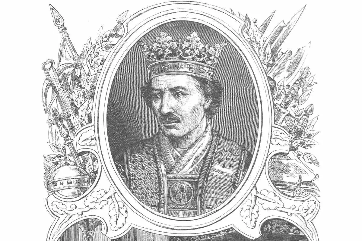 Portret króla Kazimierza w koronie i stroju ceremonialnym, otoczony ornamentami i symbolami władzy.